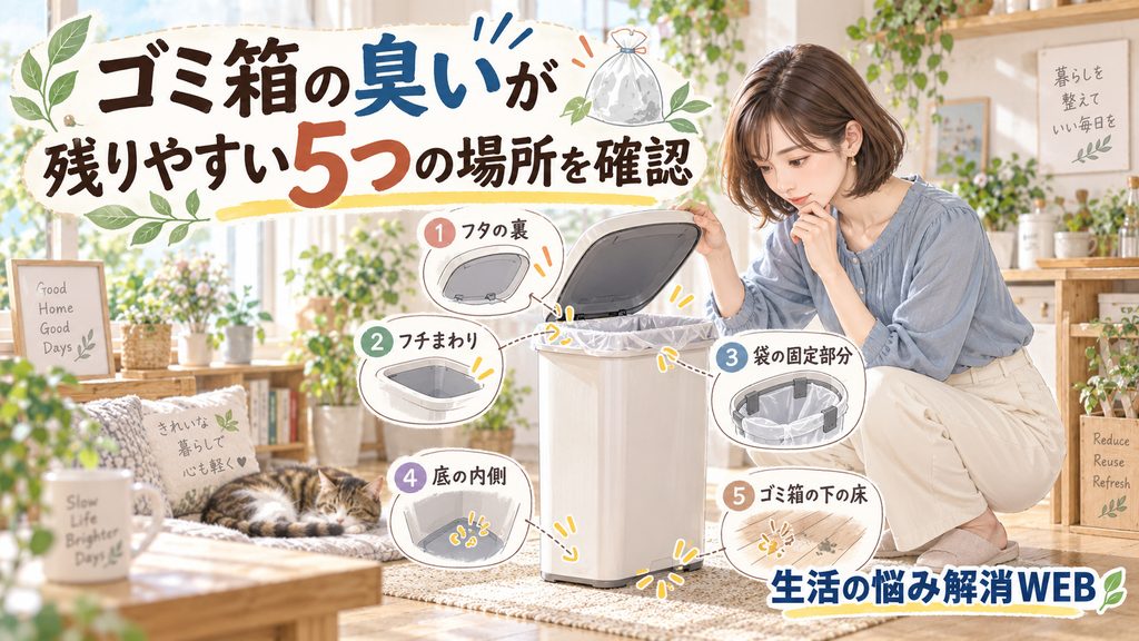 ゴミ箱の臭いが残りやすい5つの場所として、フタの裏・フチまわり・袋の固定部分・底の内側・ゴミ箱の下の床を確認する様子を描いた画像。