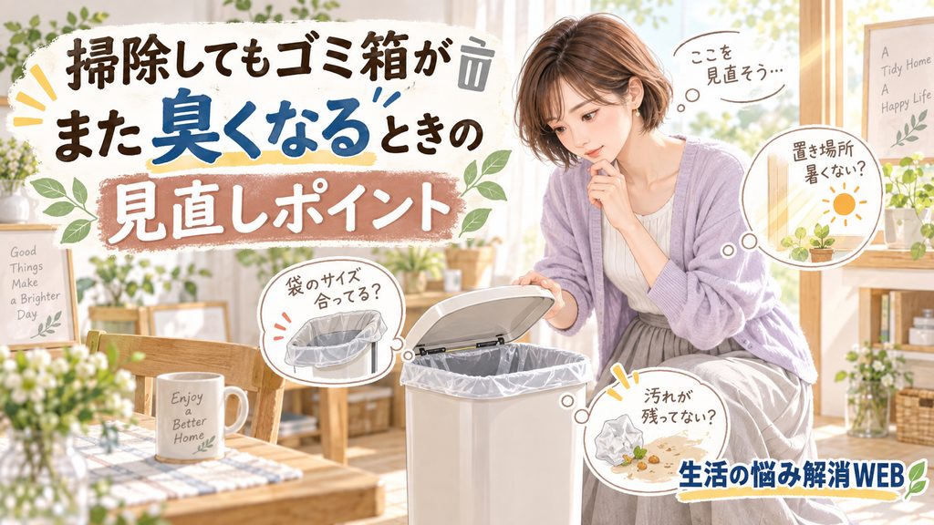 掃除してもゴミ箱がまた臭くなるときの見直しポイントとして、袋のサイズ、汚れ残り、置き場所の暑さを確認する内容を表した画像。