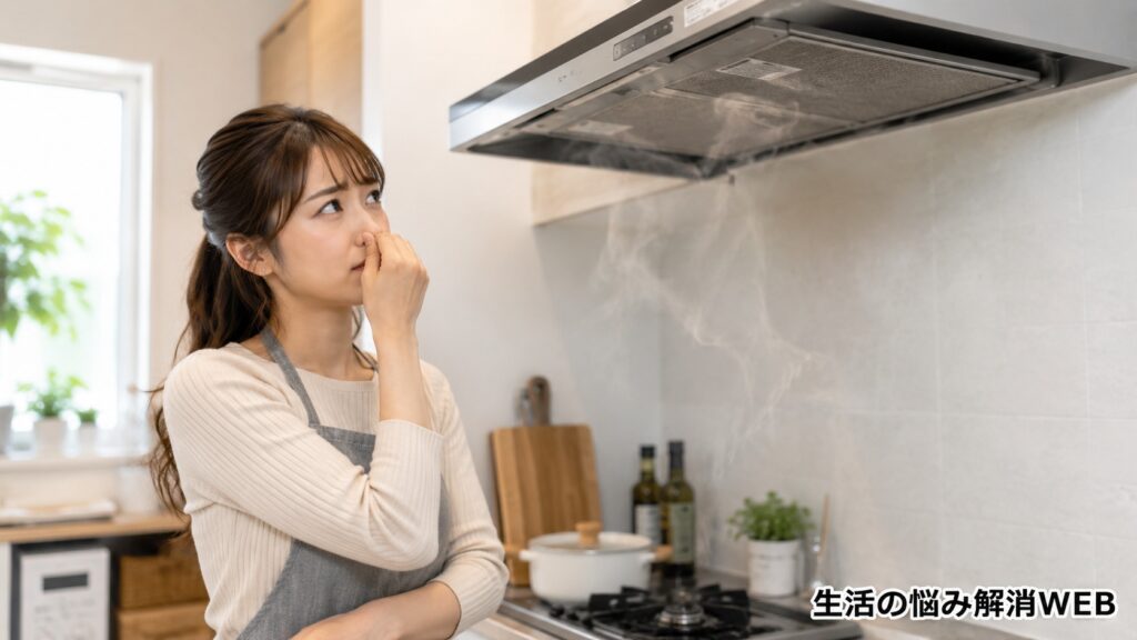 キッチンの換気扇からの臭いに困って鼻を押さえる女性