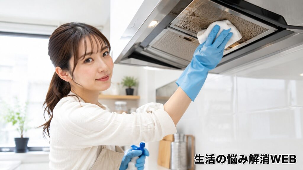 キッチンの換気扇フィルターを掃除して臭い対策をする女性