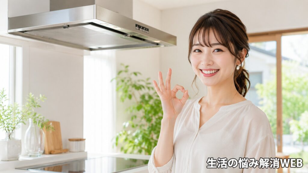 清潔な換気扇の前でOKサインを見せる笑顔の女性
