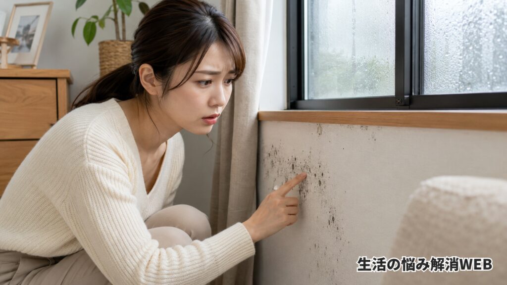 結露した窓の近くの壁紙に発生した黒カビを見つけ、心配そうに確認している若い女性