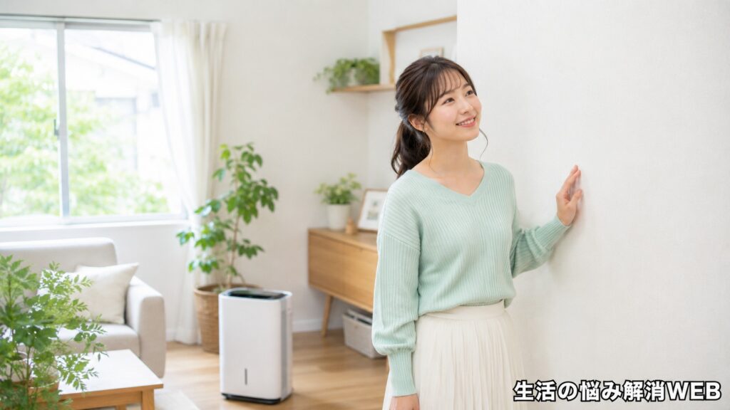 清潔で明るい部屋の中で壁紙の状態を確認し、快適な空間に安心した表情を見せる若い女性