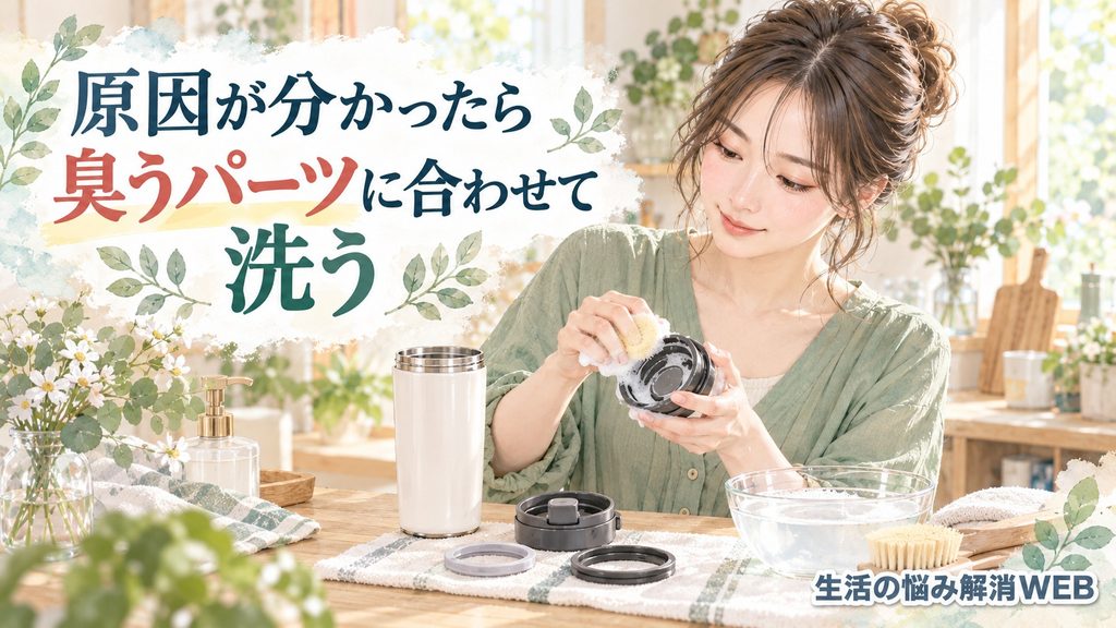 水筒の本体・フタ・パッキンなど、臭うパーツに合わせて洗浄する女性のイラスト