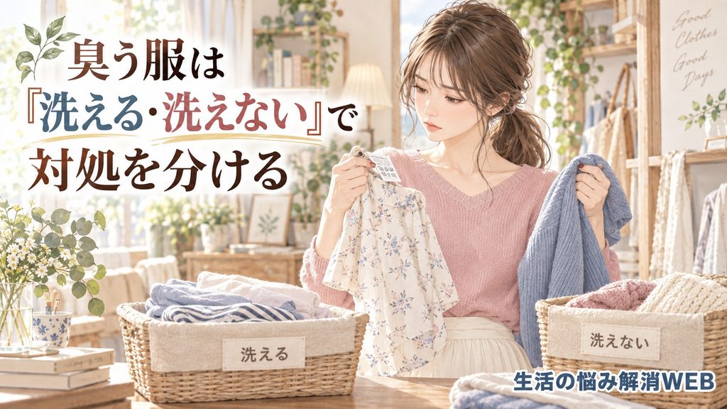 臭う服を洗える衣類と洗えない衣類に分けて対処する女性のイラスト