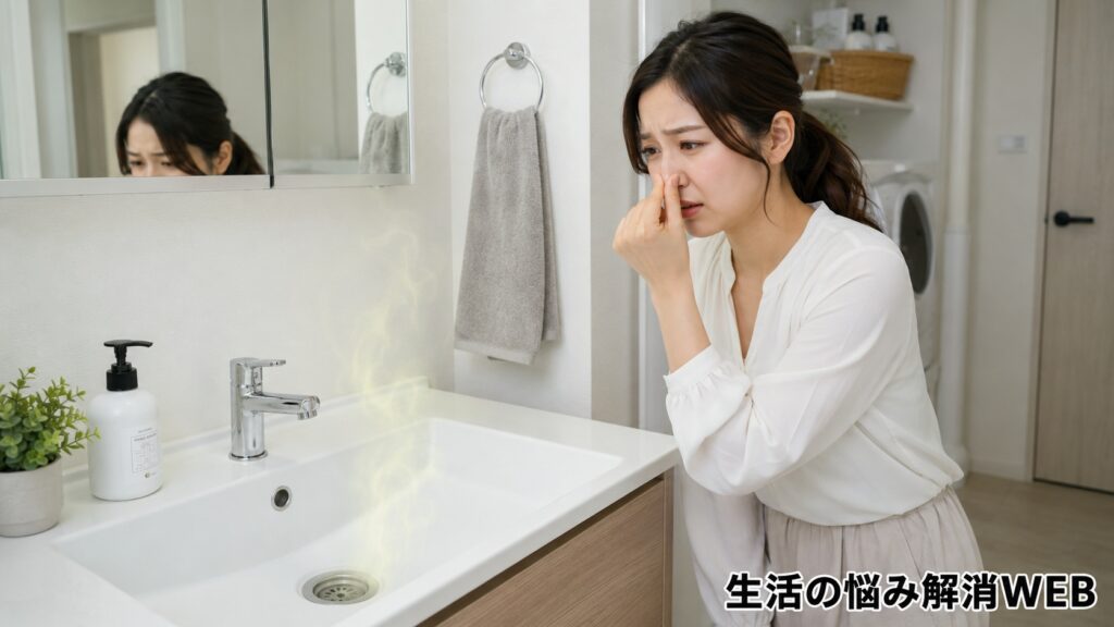 洗面台の排水口からの嫌な臭いに気づき、鼻を押さえて困った表情を見せる若い女性