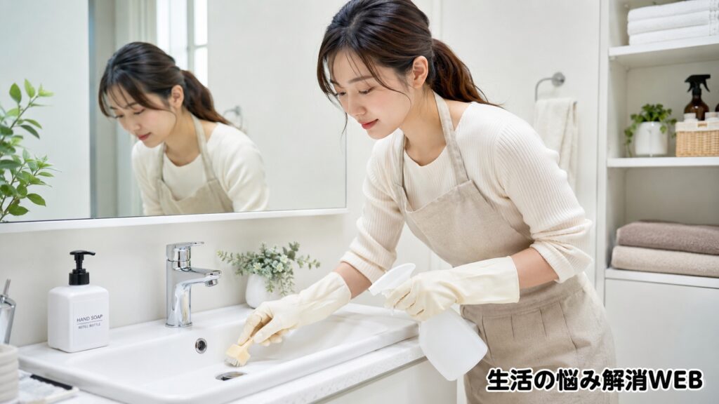 明るい洗面所で排水口まわりをブラシで掃除し、臭い対策をする若い女性