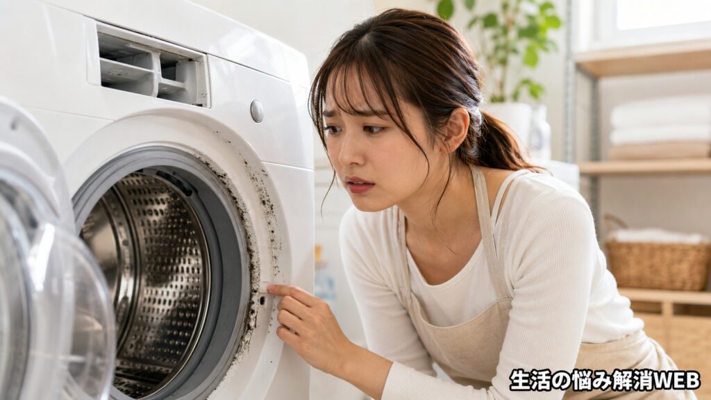 ドラム式洗濯機のゴムパッキンまわりに付いた黒カビを、若い女性が不安そうに確認している様子