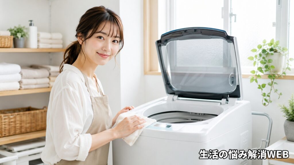 明るい洗濯スペースで、若い女性が上開き洗濯機を拭きながら清潔に保ち、カビ予防をしている様子