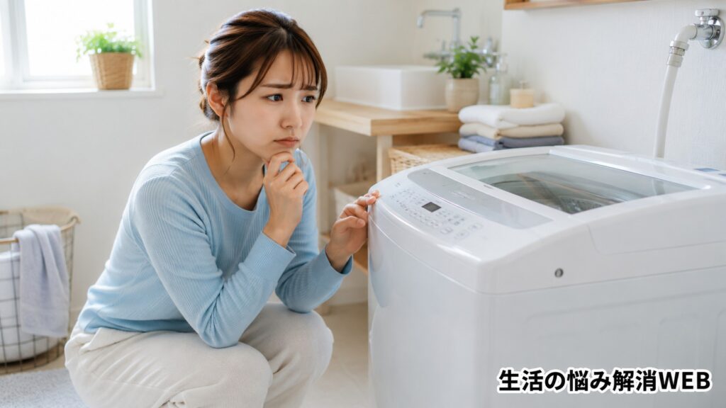 洗濯機が動かず、女性が操作パネルを見ながら原因を考えている様子