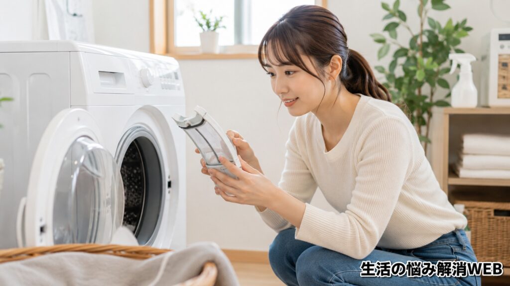 女性が洗濯機のフィルターを取り外して確認し、動かない原因を点検している様子