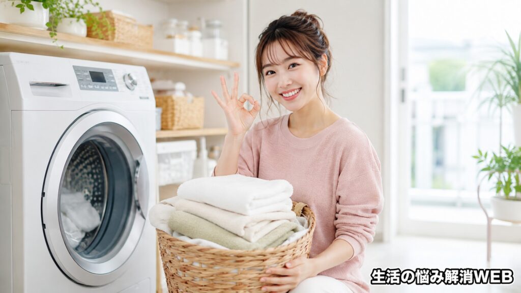 洗濯機のトラブルが解消し、女性が洗濯物を持ちながら安心した表情を見せている様子