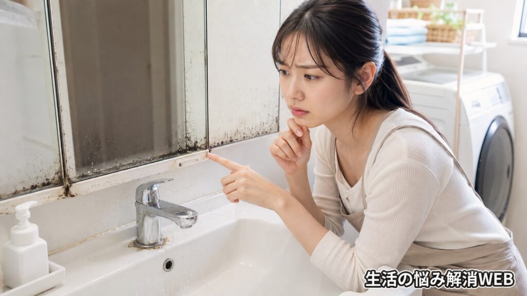 洗面所の鏡下や蛇口まわりに発生したカビや水滴汚れを、心配そうに確認している若い女性
