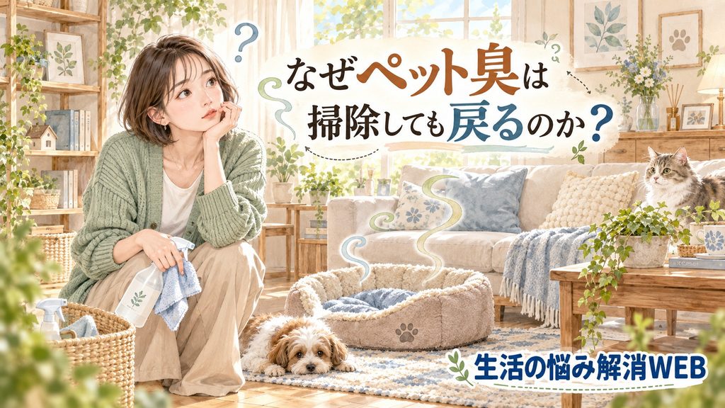 掃除をしてもペット臭が戻る理由を考える女性とペットのいるリビングのイラスト