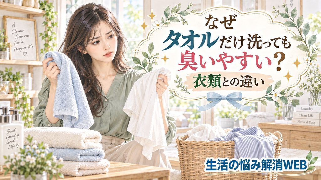 タオルと衣類を見比べながら、タオルだけ臭いやすい理由を考える女性のイラスト