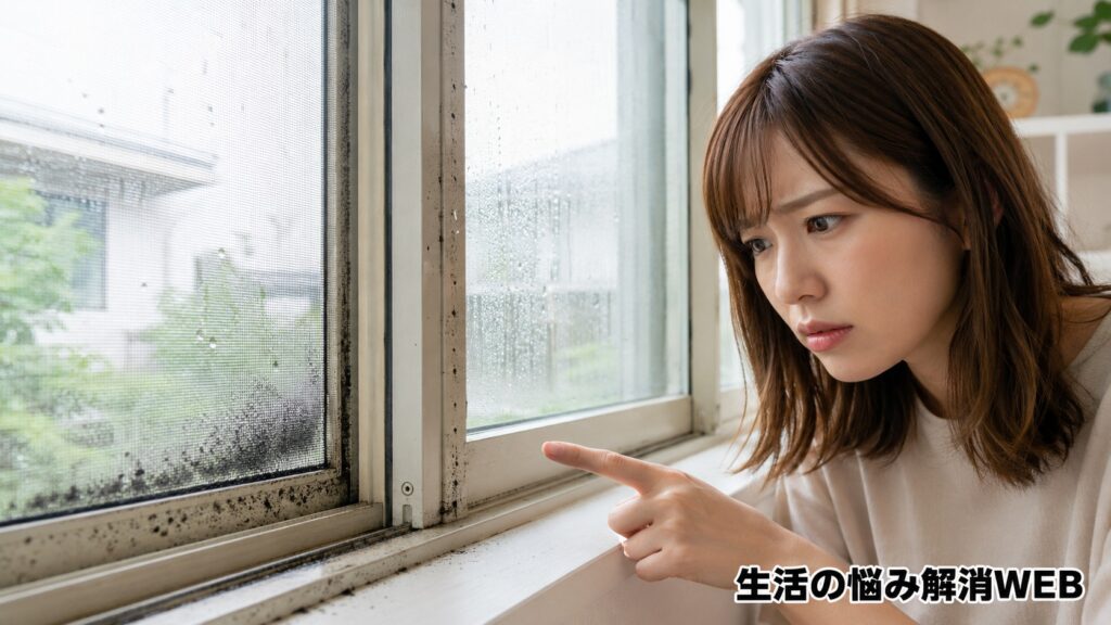 結露した窓と黒カビが付いた網戸・サッシを見つめ、指をさして確認する女性