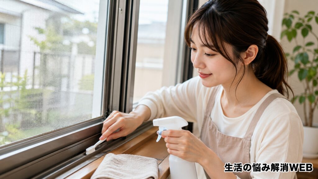 窓のサッシや網戸まわりを小さなブラシとスプレーで丁寧に掃除する女性