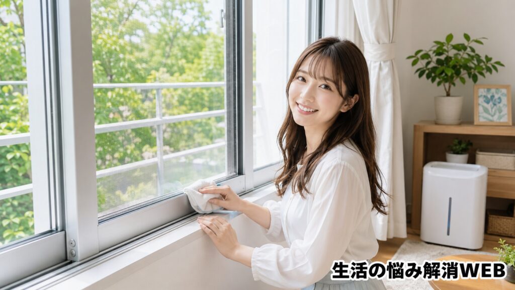 明るい窓辺でサッシを拭き取り、除湿機も使いながら清潔な窓まわりを保つ女性