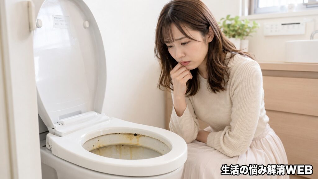 黄ばみや黒ずみが付いたトイレを見て悩む女性