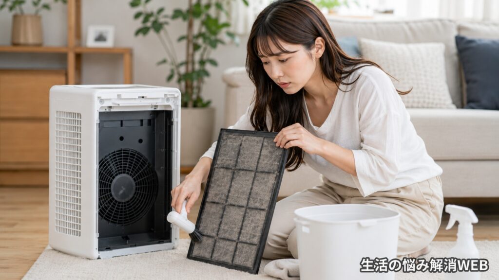 空気清浄機のフィルターを掃除して臭いや異音対策をする女性