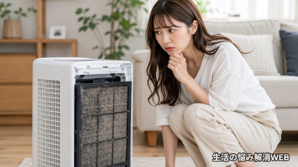 汚れたフィルターが見える空気清浄機を心配そうに確認する女性