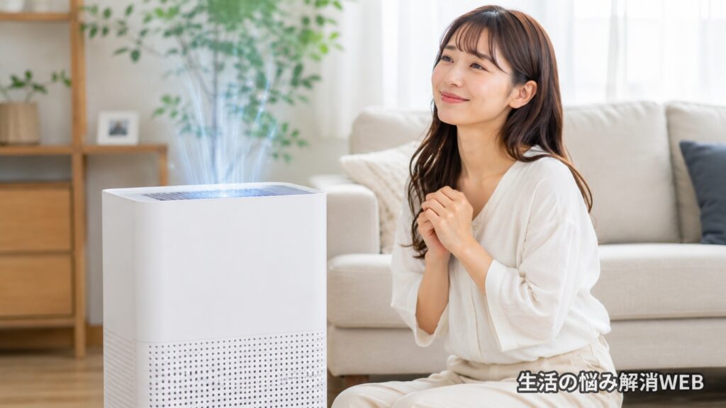 清潔な空気清浄機の横で快適な室内環境に安心する女性
