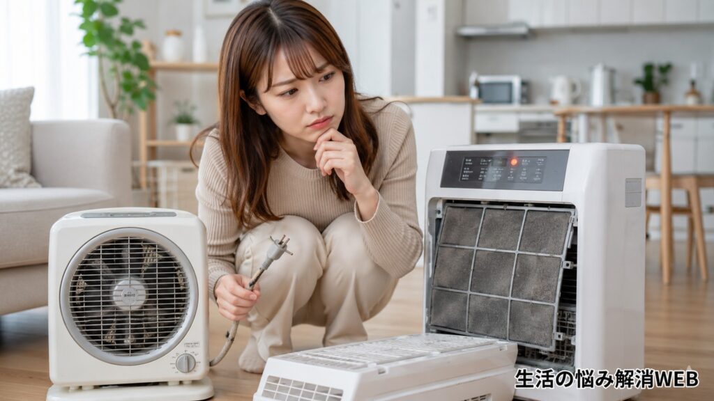 寿命サインが気になる家電を前に、コードやフィルターの状態を確認している若い女性