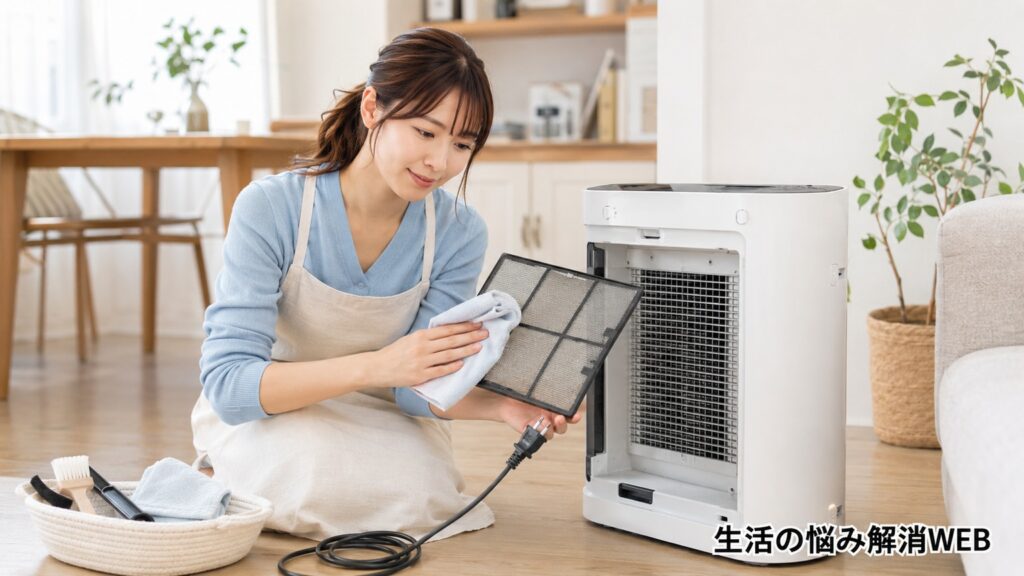 空気清浄機のフィルターを取り外し、布でやさしく掃除している若い女性