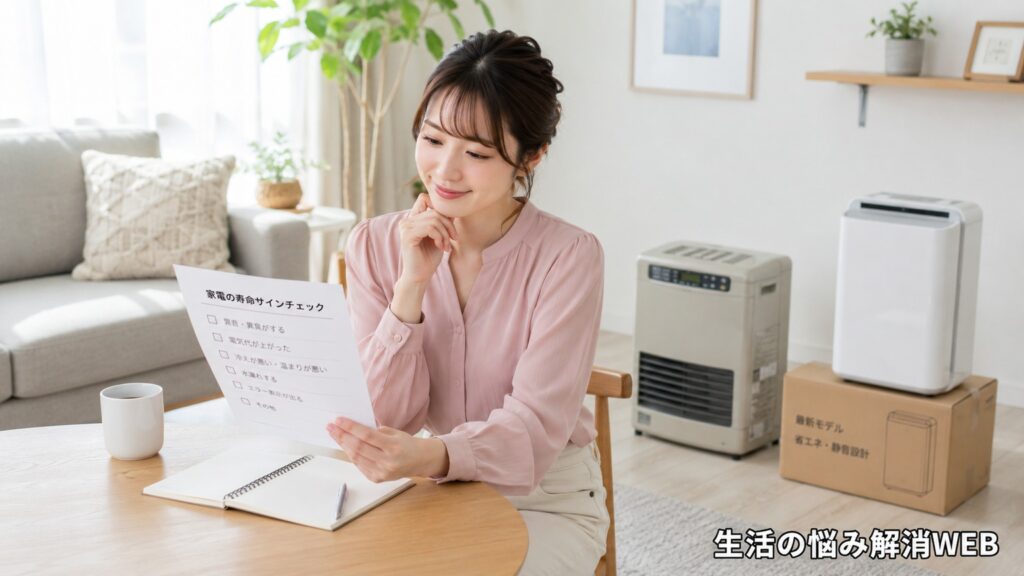 家電の寿命サインチェック表を見ながら、買い替えや見直しを検討している若い女性