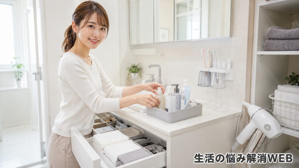 明るい洗面所で、引き出し収納とトレーを使いながら洗面用品を整理する若い女性の様子