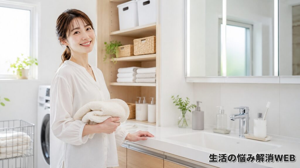 整った洗面所でタオルを持ちながら笑顔を見せる若い女性の様子