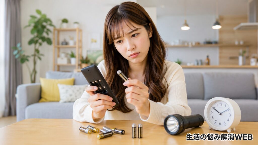 電池がすぐ切れる原因を確認するため、女性がリモコンと乾電池を見比べて困っている様子