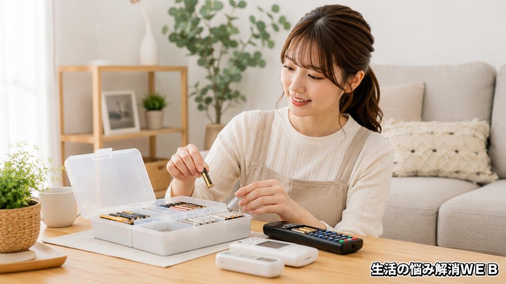 女性が乾電池を収納ケースに整理しながら、電池を長持ちさせる保管方法を実践している様子
