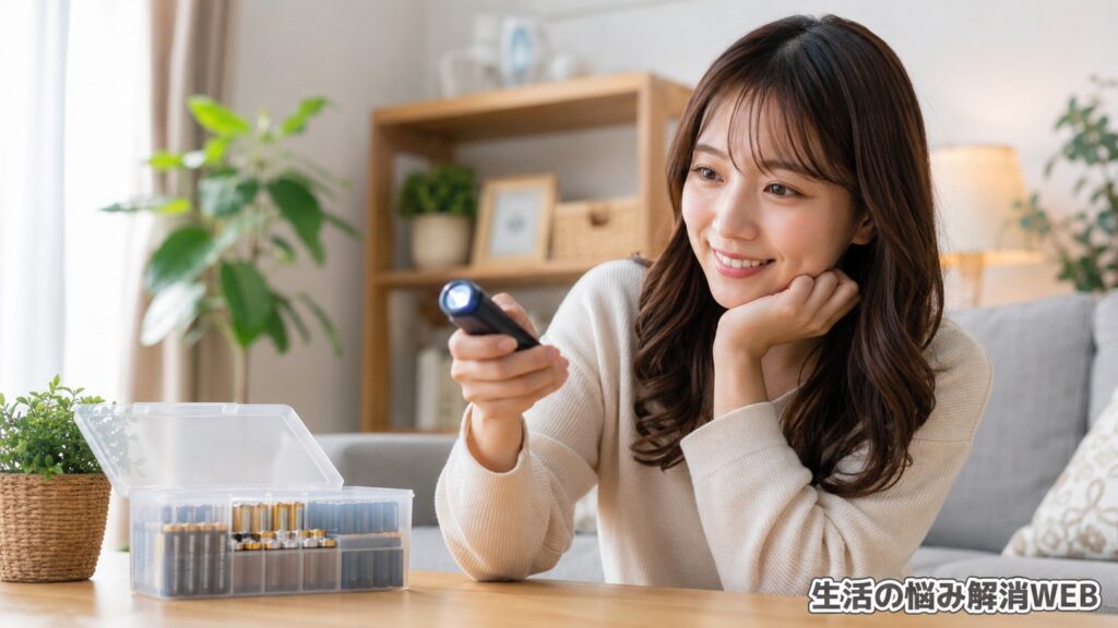 電池を整理した女性がライトの動作を確認し、電池トラブルが解消して安心している様子