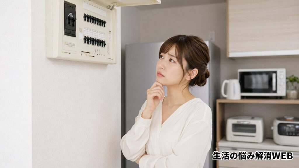 ブレーカーがよく落ちる原因を確認するため分電盤を見上げる女性