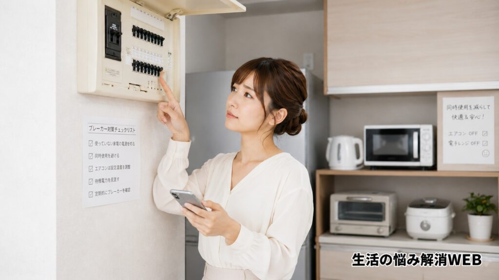 スマホで記録しながら分電盤を確認しブレーカー対策を行う女性