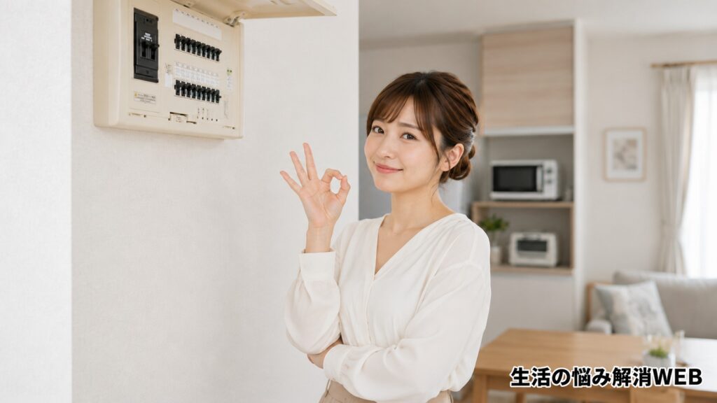 ブレーカーの確認を終えて安全を確かめ安心する女性