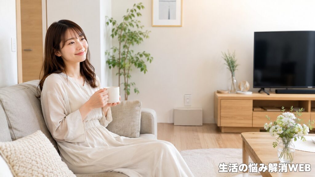 配線整理が終わったすっきりしたリビングで、落ち着いてくつろぐ女性