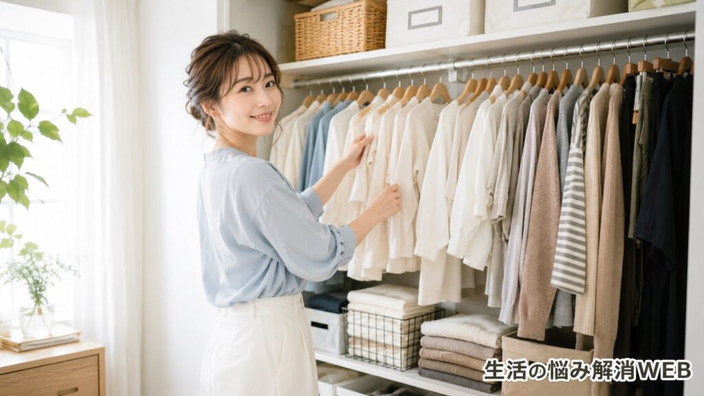 明るい部屋でクローゼットの服を整理している若い女性の様子