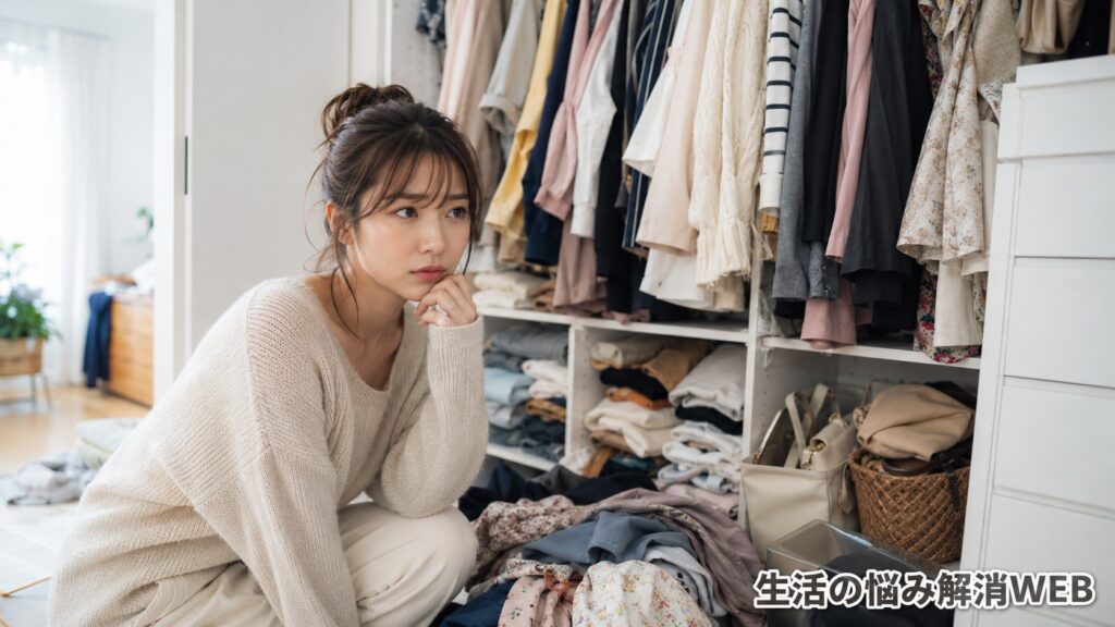 服が多く散らかったクローゼットの前で片付け方に悩む若い女性の様子