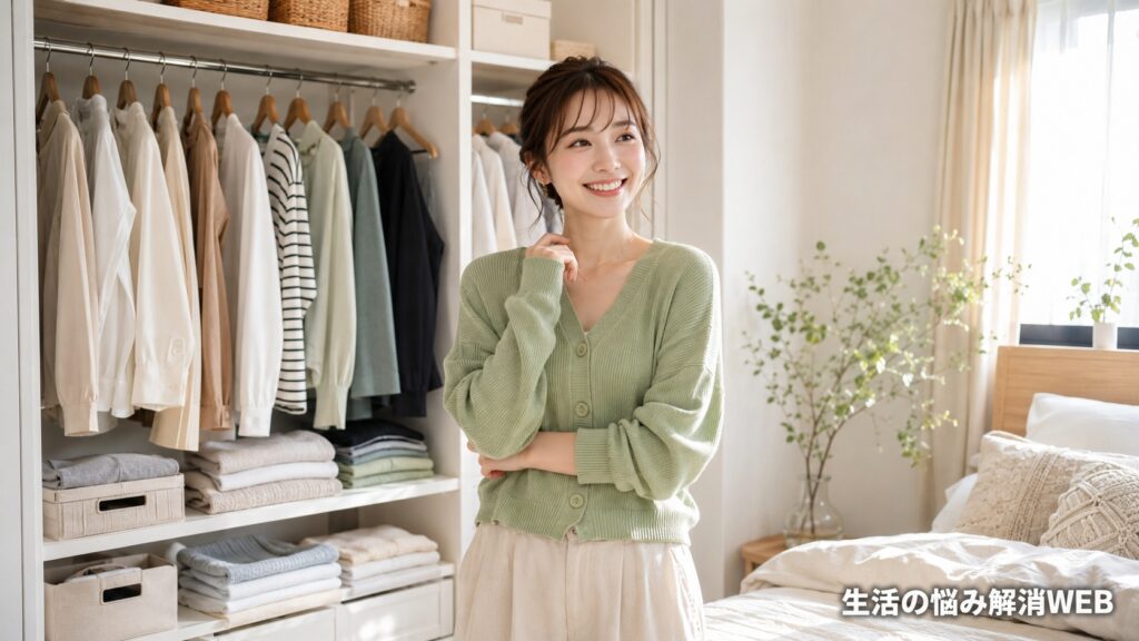 整ったクローゼットの前で満足そうに過ごす若い女性の様子