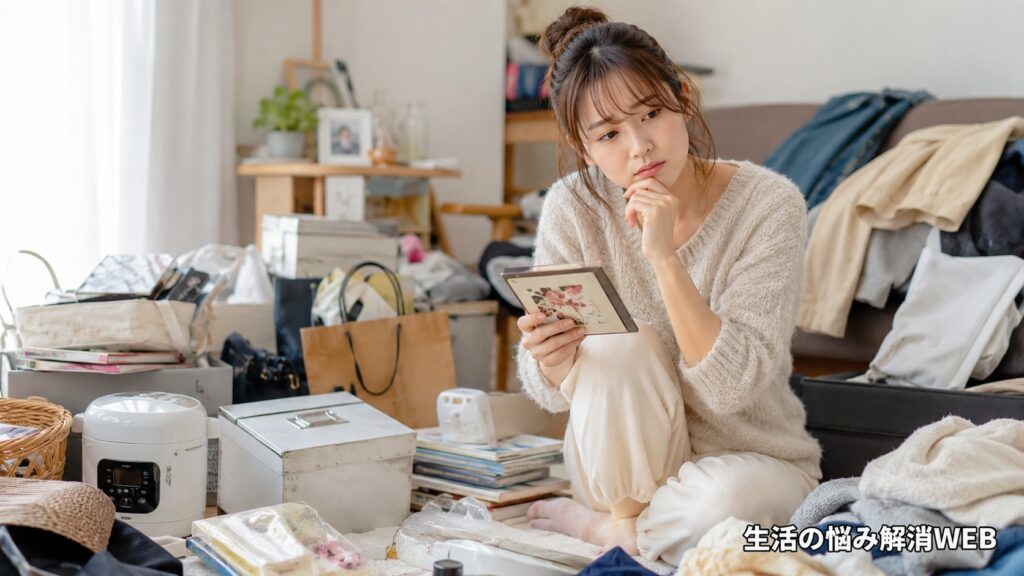 物が多く散らかった部屋で、思い出の品を手に取りながら処分に悩む女性