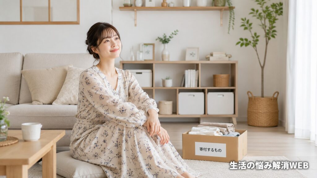 寄付する物をまとめた箱が置かれた整った部屋で、片付け後に穏やかにくつろぐ女性