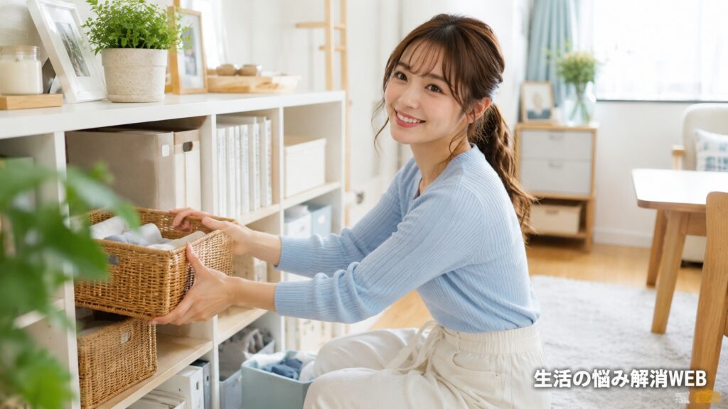 明るい部屋で収納かごを使いながら片付けを進める若い女性の様子