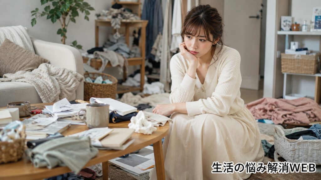 散らかった部屋の中で、片付けが進まず悩んでいる若い女性の様子。