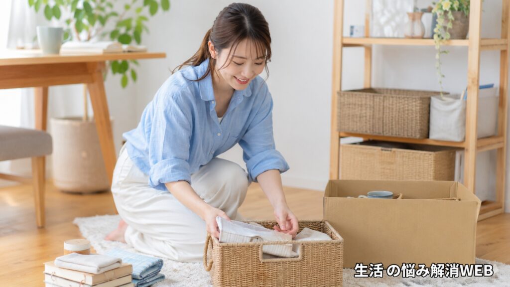 明るい部屋で収納かごに物を整理している若い女性の様子。