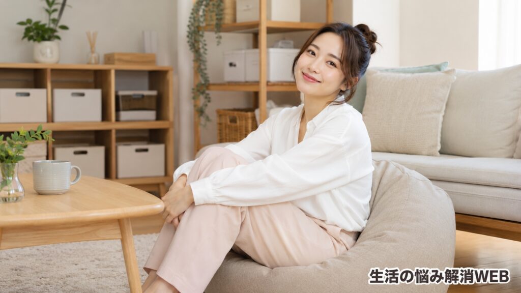 整ったリビングで穏やかにくつろぐ若い女性の様子。
