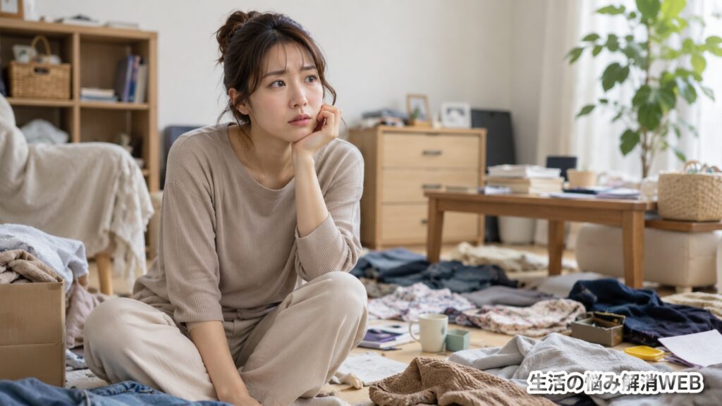 散らかった部屋で片付けられない理由を考えている若い女性の様子