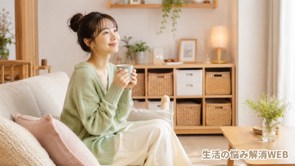 片付いたリビングでリラックスして過ごす若い女性の様子