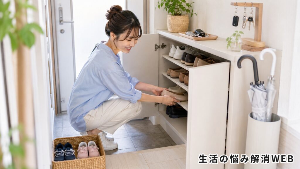 明るい玄関で、下駄箱に靴を整理しながら片付けを進める若い女性の様子